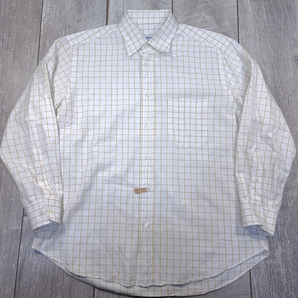 Brioni Button Down Shirt Mens XL White Gold Grid Check Italy Long Sleeve Top